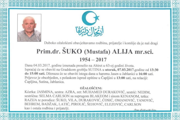 Prim.Dr. Šuko (Mustafa) Alija  Mr.Sci